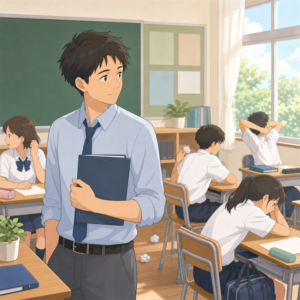 教室の小さな乱れに気づく先生のイラスト