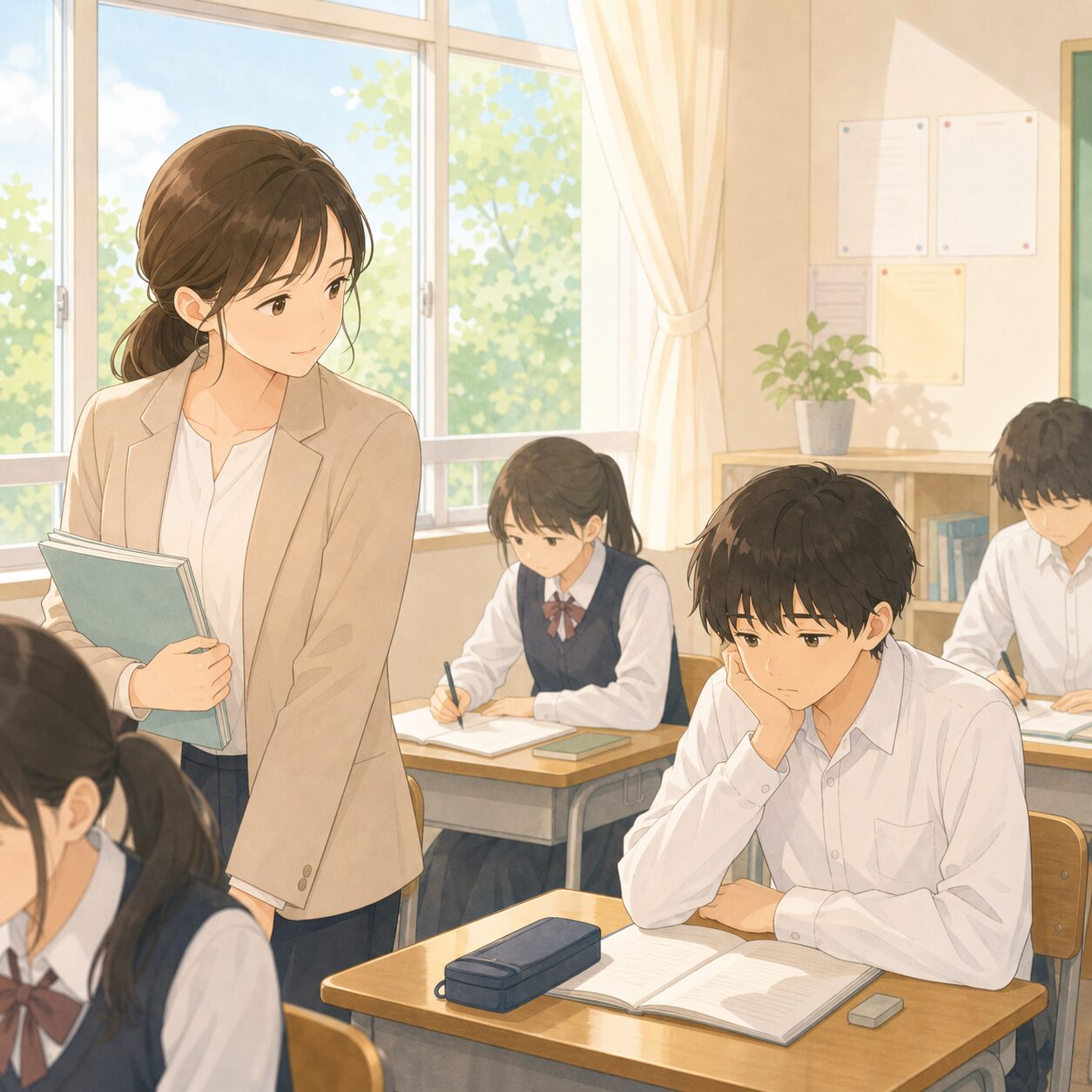 6月の教室で、少し元気のない子の様子に気づく先生