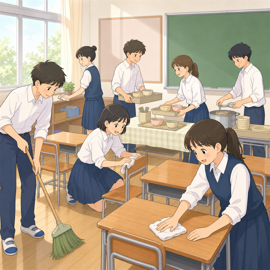 掃除や給食など日常の所作に取り組む生徒たちのイラスト