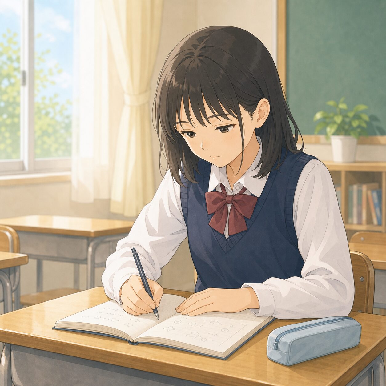 ノートに自分の気持ちを書き込む中学生の手元