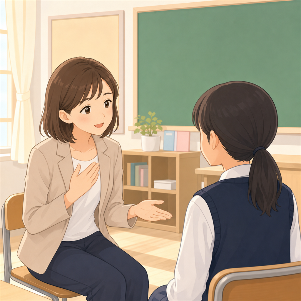 生徒に穏やかに気持ちを伝える先生のイラスト