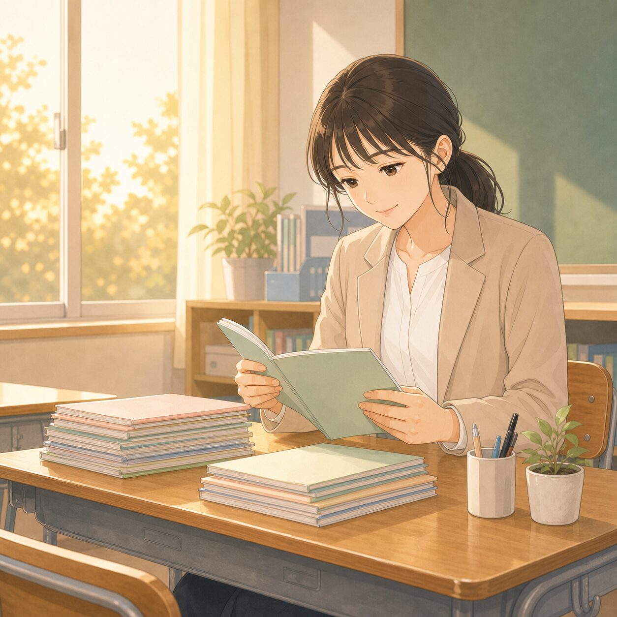 放課後の教室で子どもの日記に目を通す先生