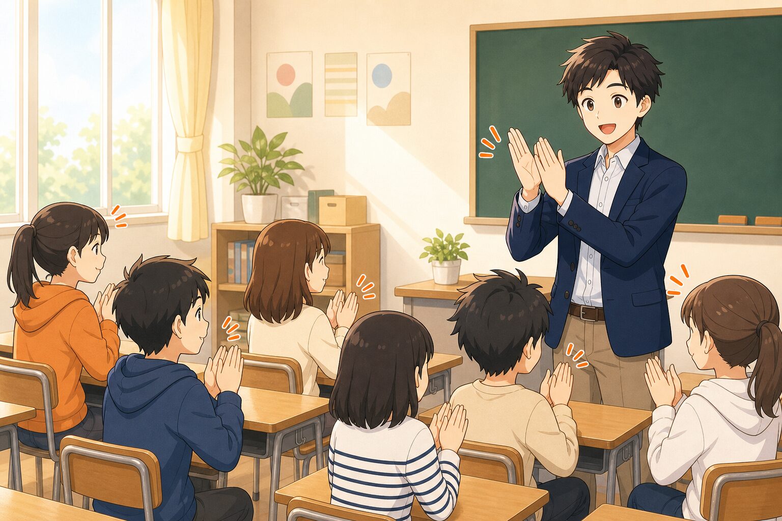静かに先生の手拍子をまねる教室の子どもたち