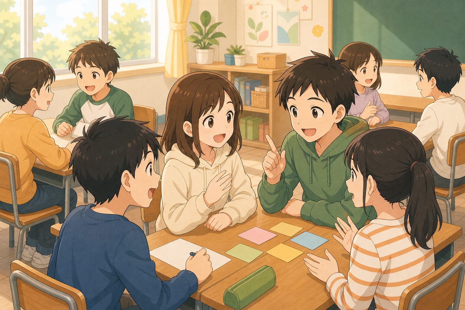 近くの席の子どもどうしが笑顔で話している様子