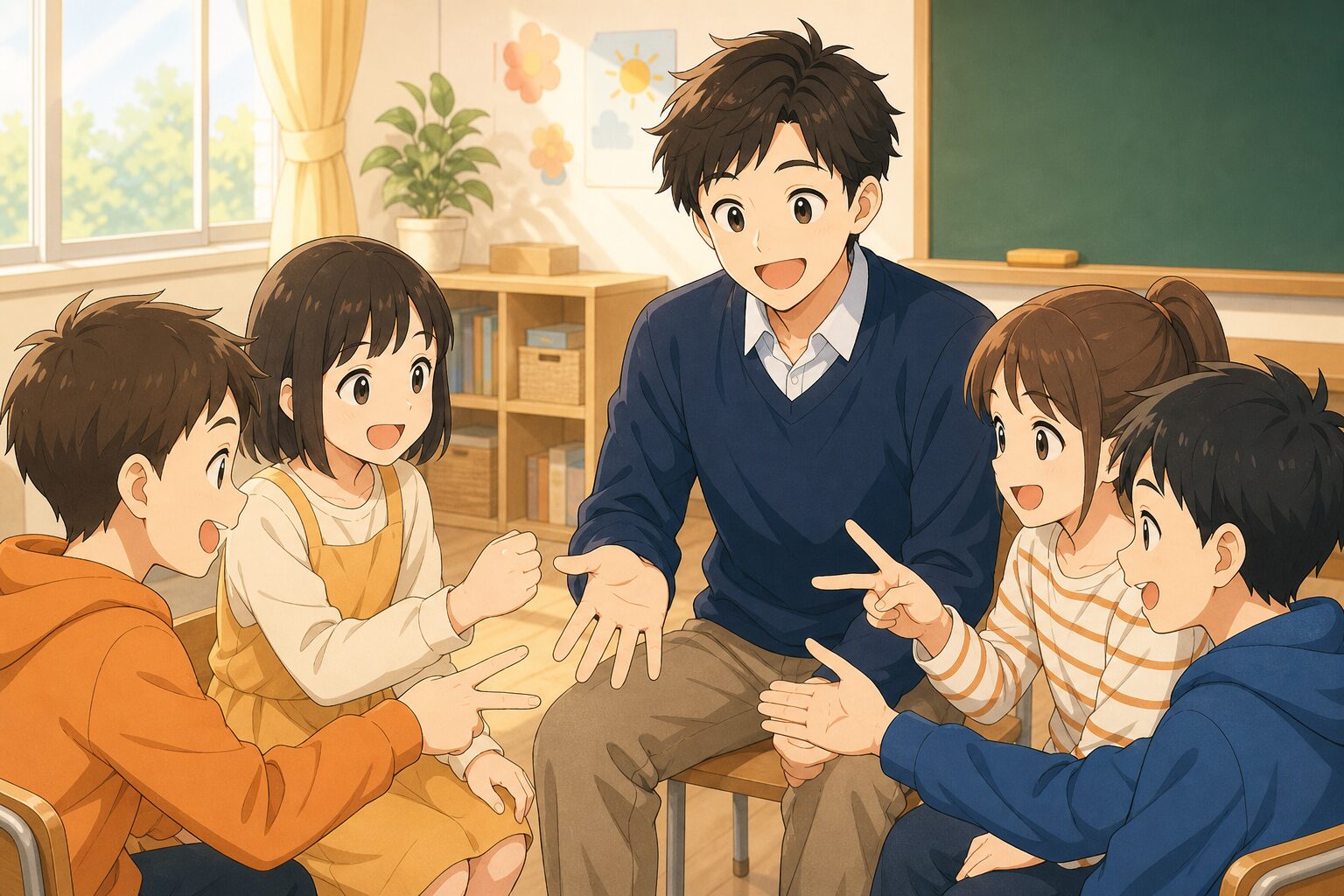 朝の会で笑顔でじゃんけんをする教室の様子