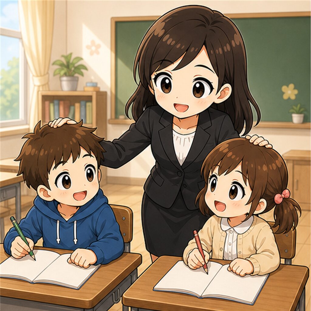二人の子どもをやさしく見守る担任