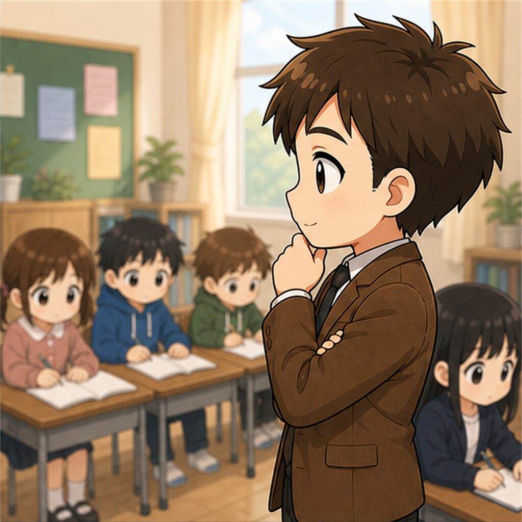 教室の掲示を見上げて考える先生