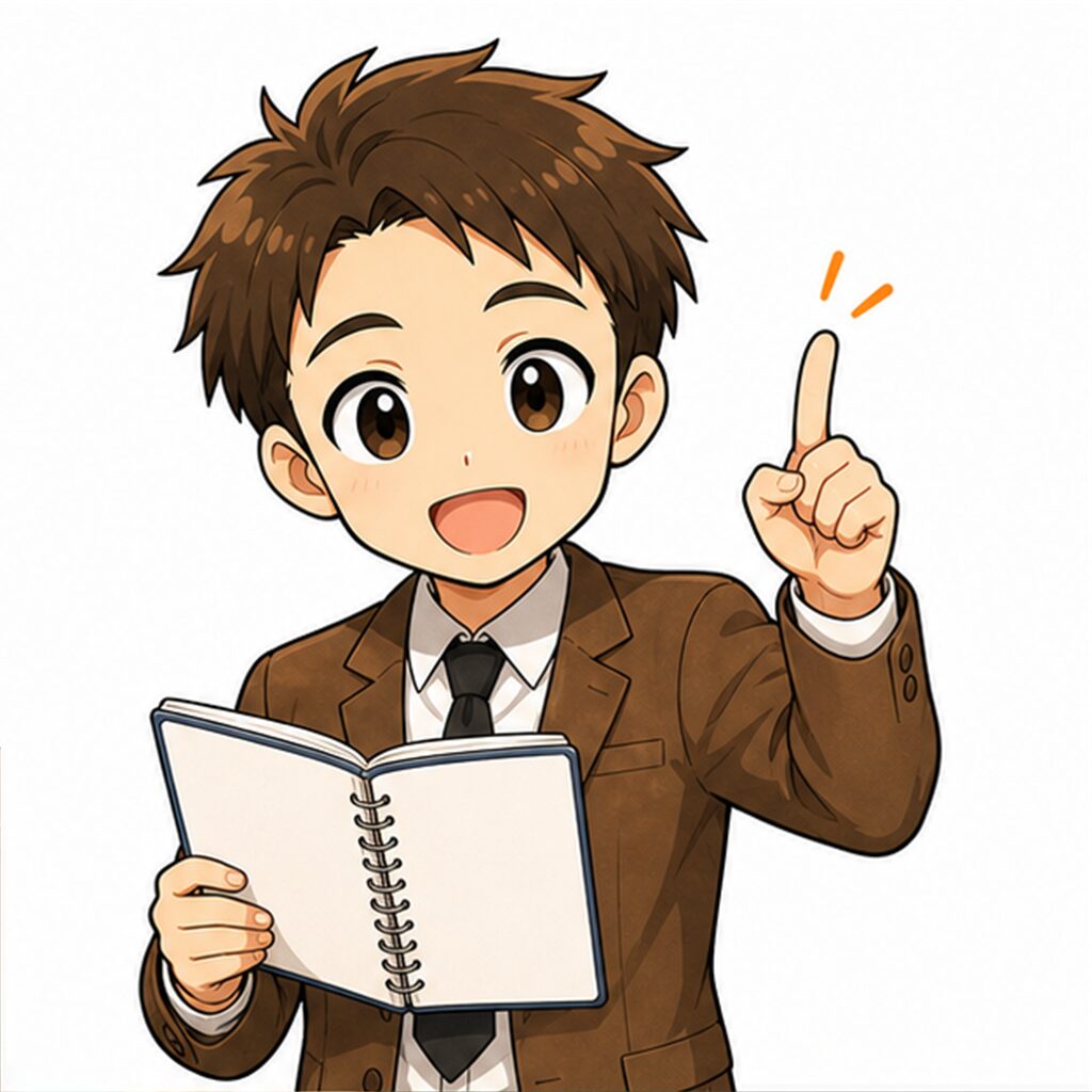 ノートを手に語りかける先生のイラスト