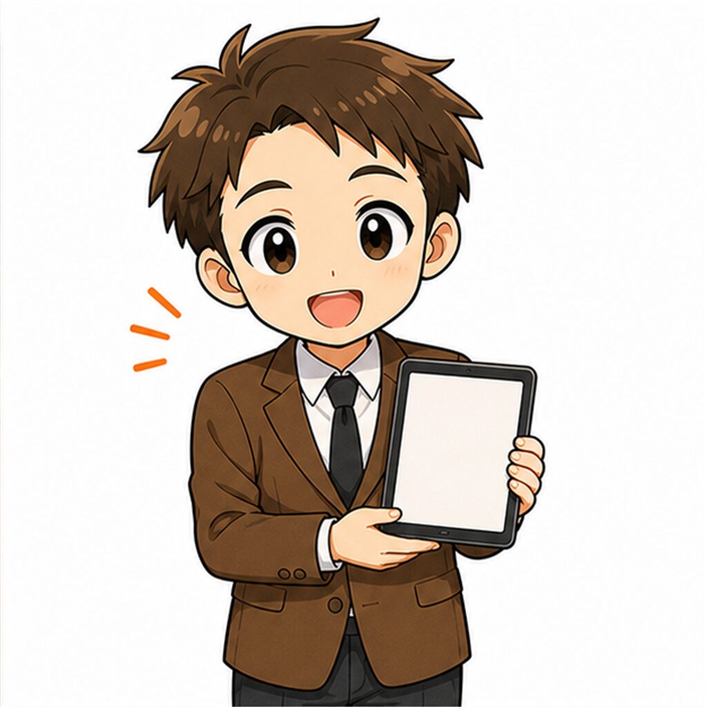 タブレットを提示して説明する男性教師のイラスト