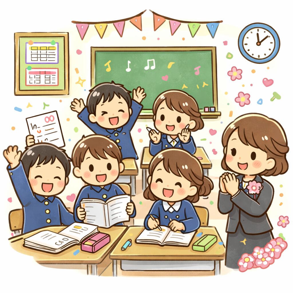 朝の教室で子どもたちを笑顔で迎える場面