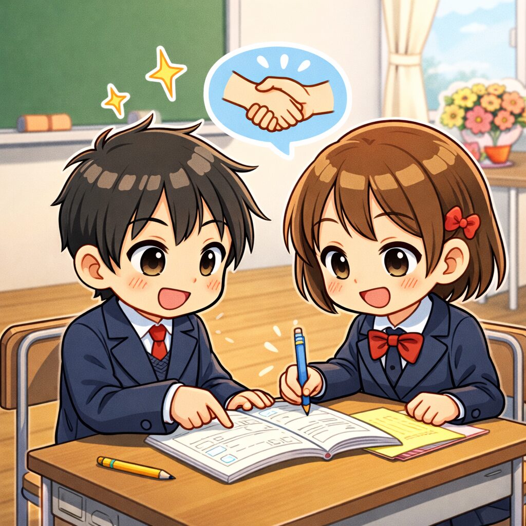 机を並べて協力し合う二人の生徒