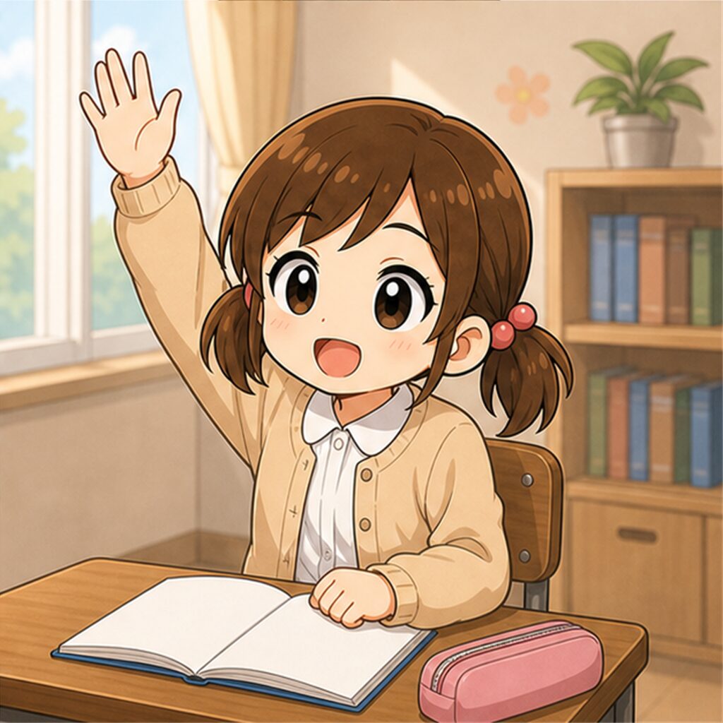 生徒が自分から手を挙げて質問しようとしている場面