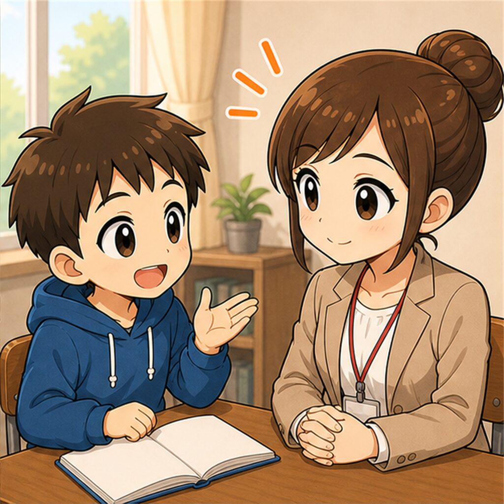 先生と生徒が言葉を出し合って話している場面
