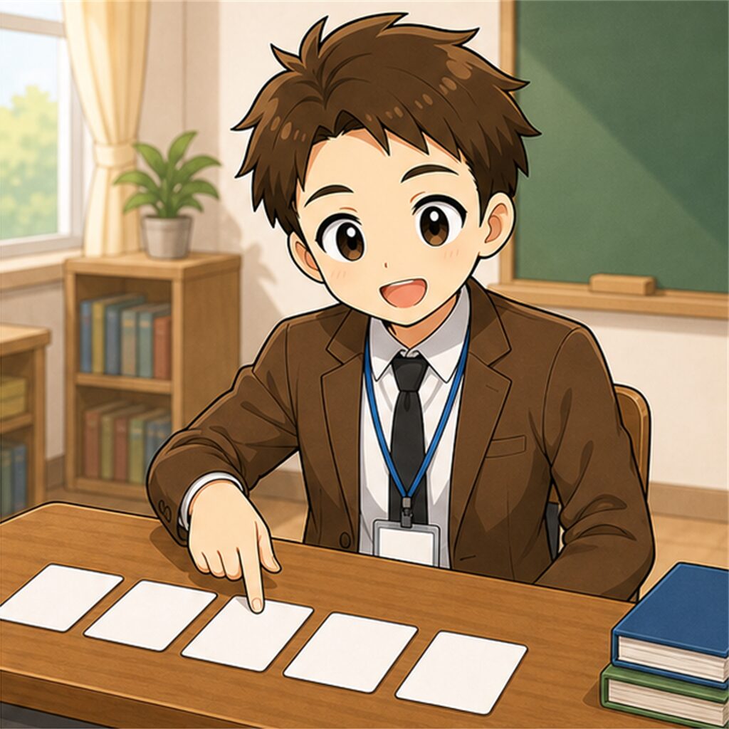 机の上でカードを並べて計画を立てる先生のイラスト