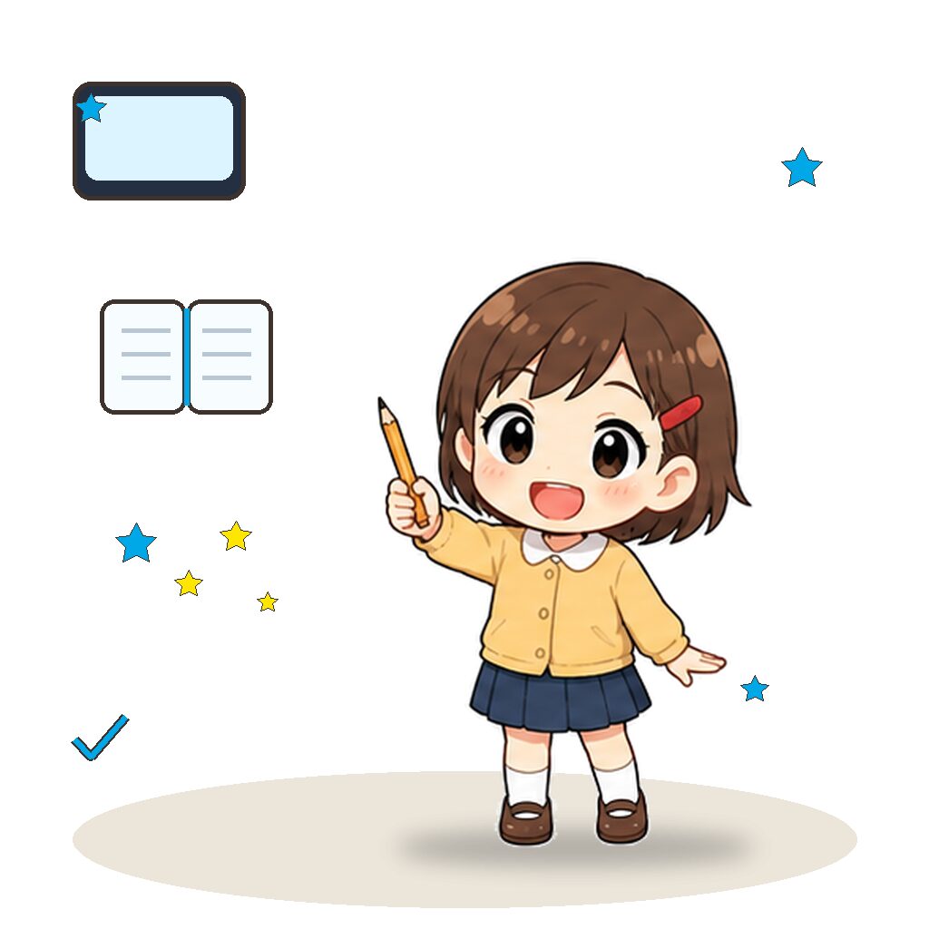 端末のアイコンと一緒に鉛筆を持って手を挙げる子どものイラスト