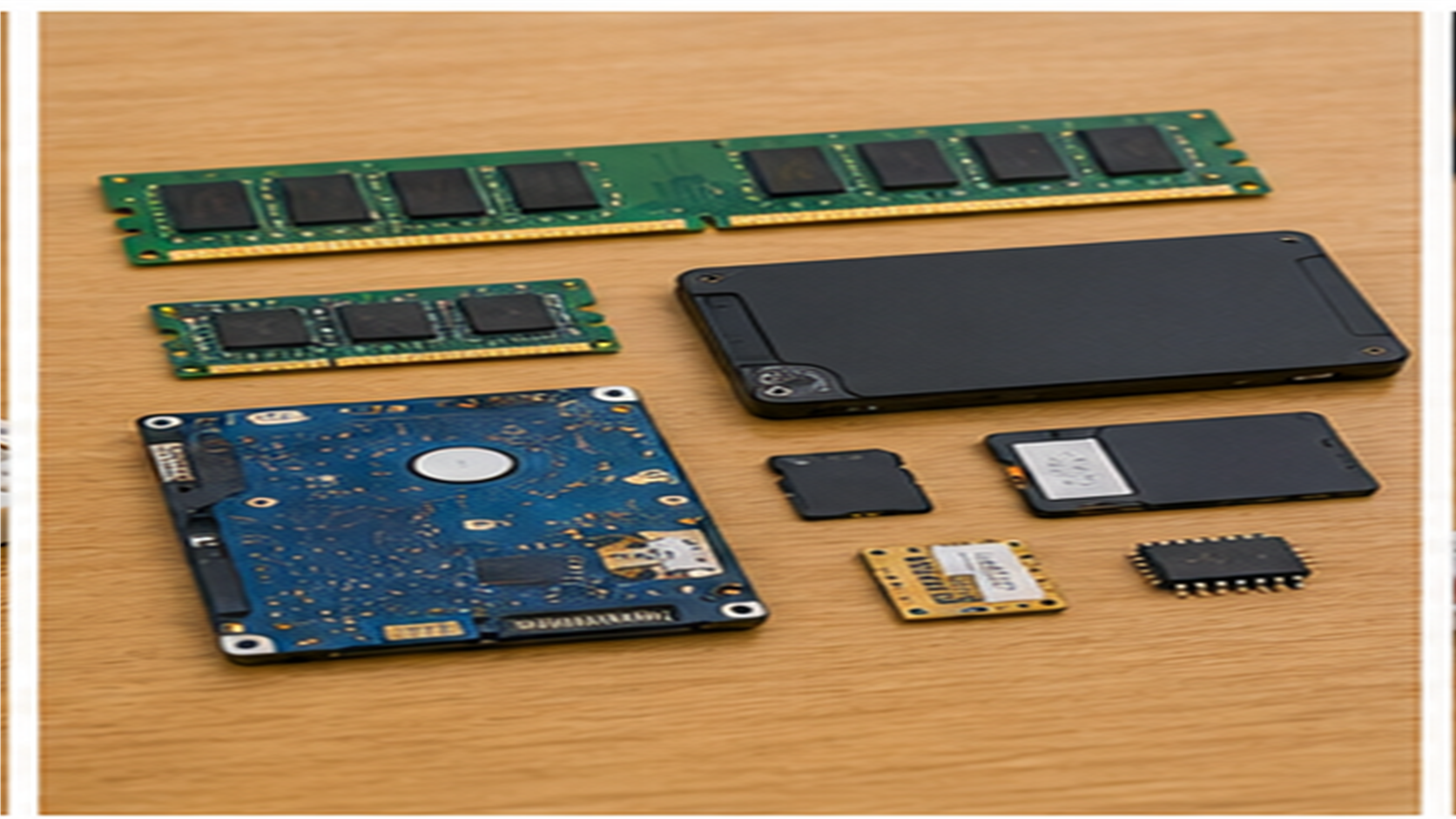 コンピュータの部品を種類ごとに並べて見比べる様子