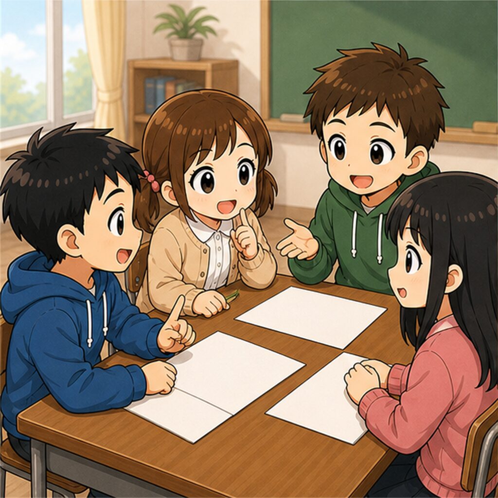 子どもたちが意見を出し合って約束を決める場面