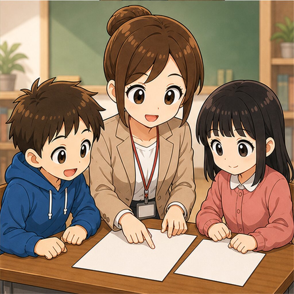 先生が二人の生徒に声をかけている場面