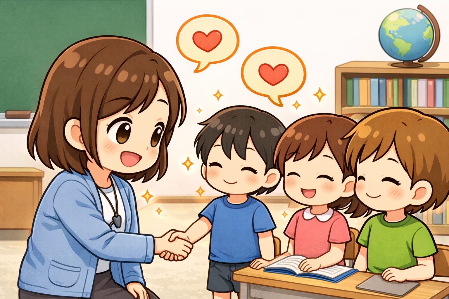 先生と子どもが9月の再会を約束する場面