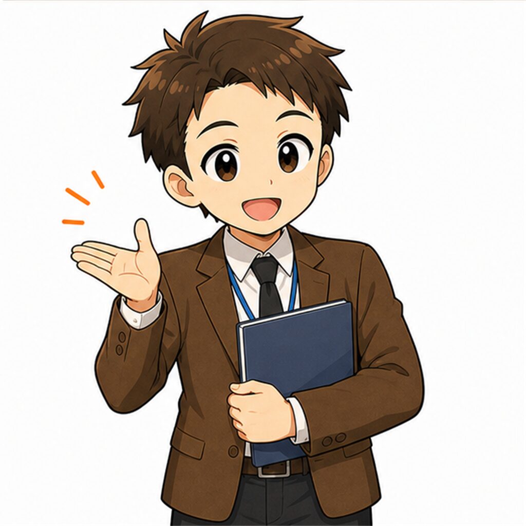 端末を抱えて笑顔で説明する男性教師のイラスト