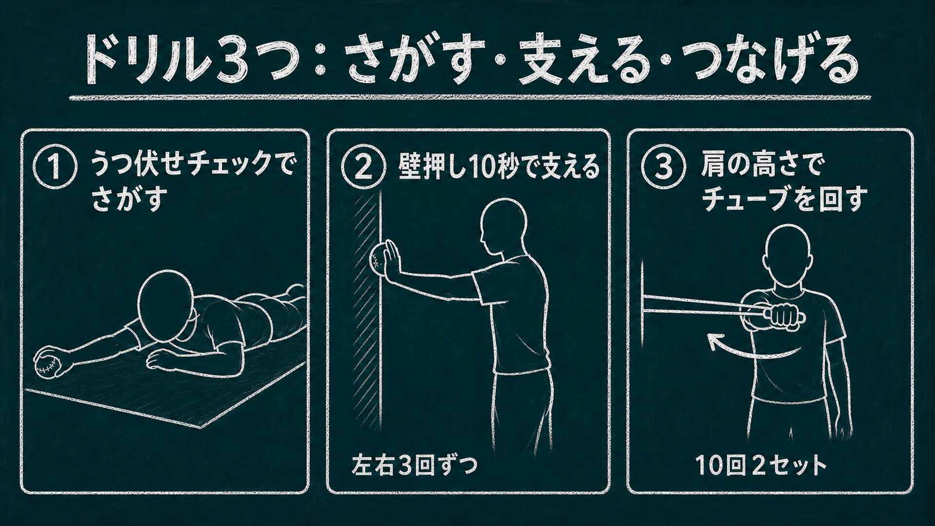 自分に合う腕の角度を身につけるドリル3つの図解