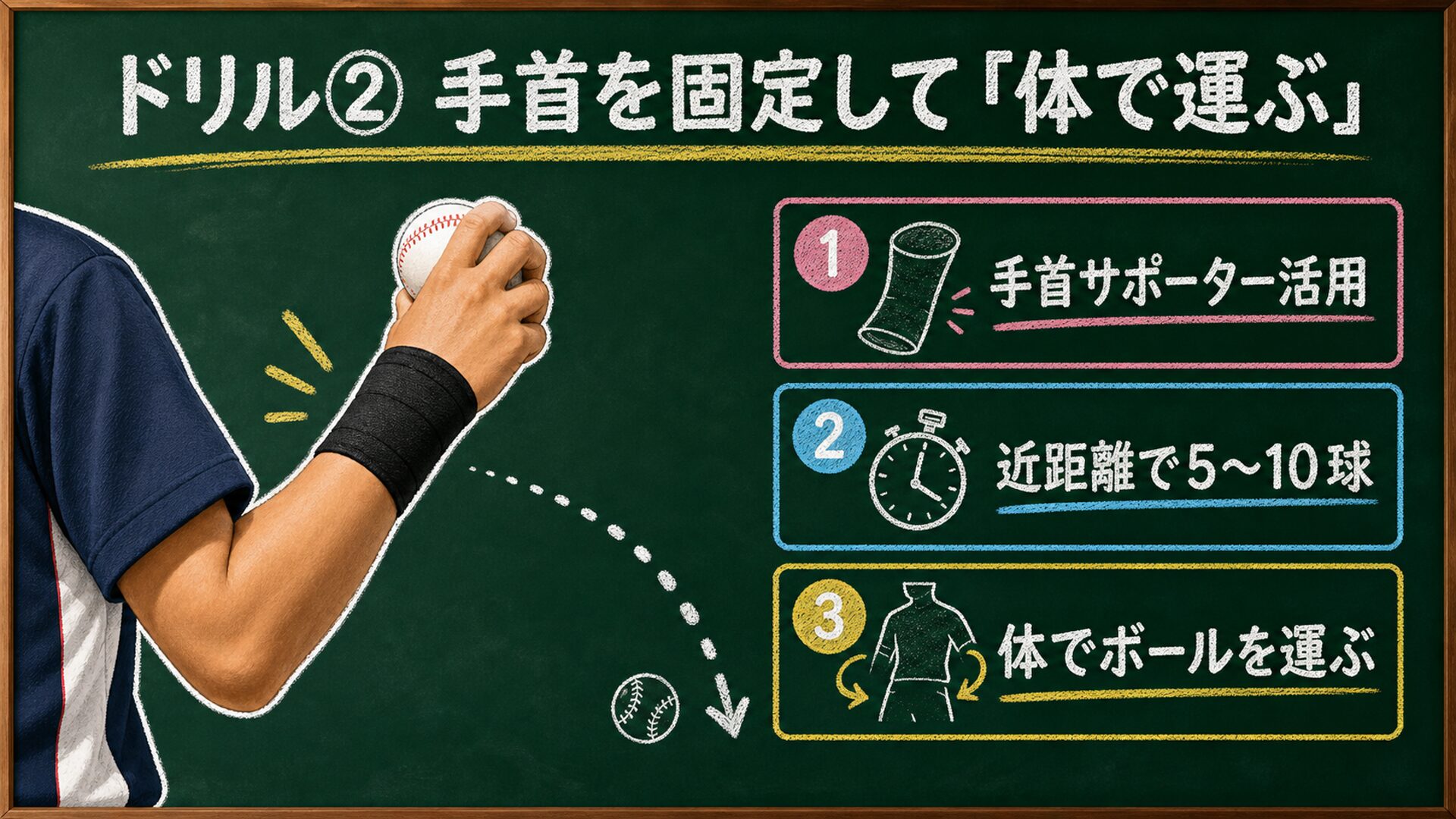 手首を固定して体でボールを運ぶドリルの図解