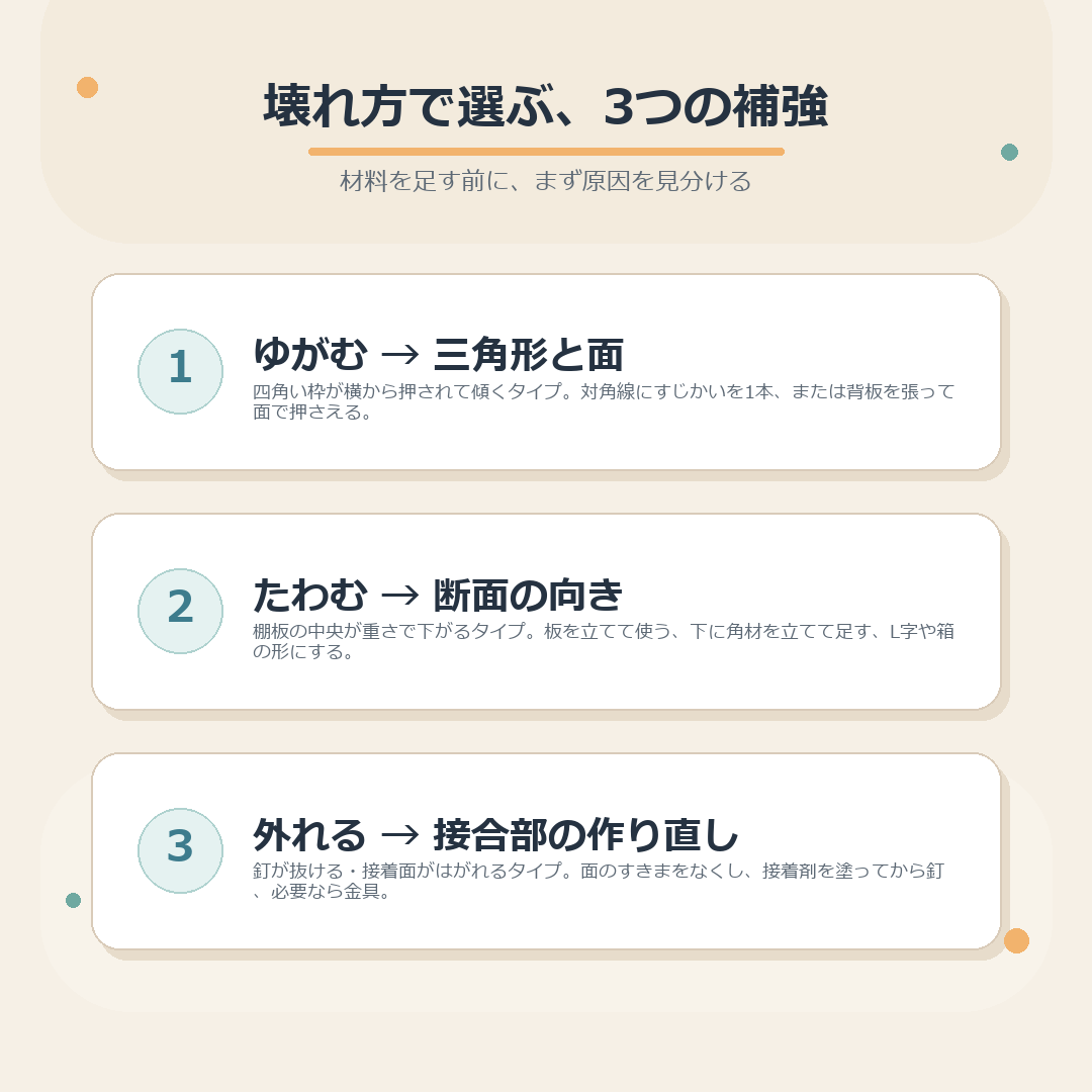 壊れ方の3タイプと対応する補強をまとめた図