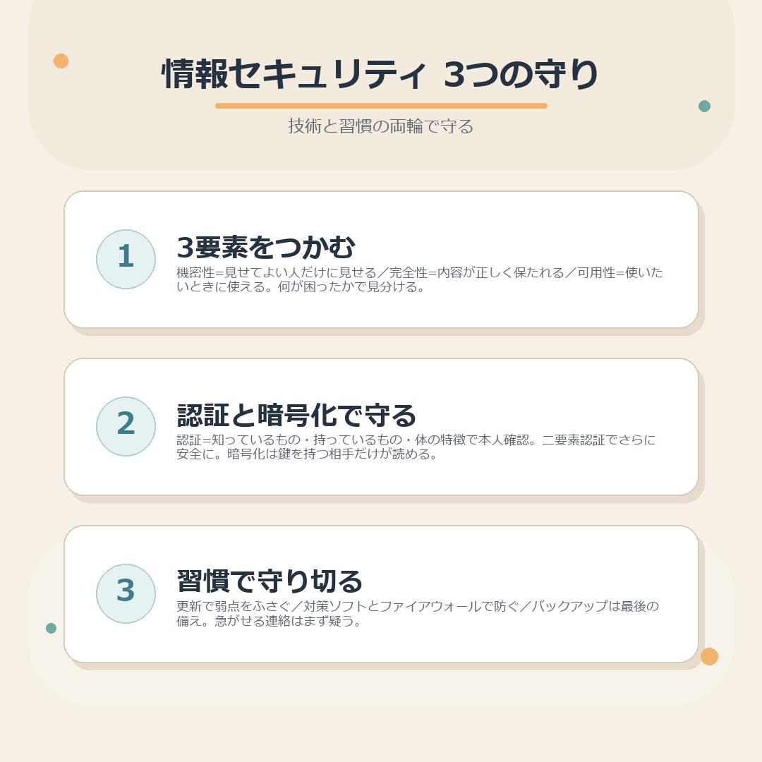 情報セキュリティの3つの守りをまとめた図解