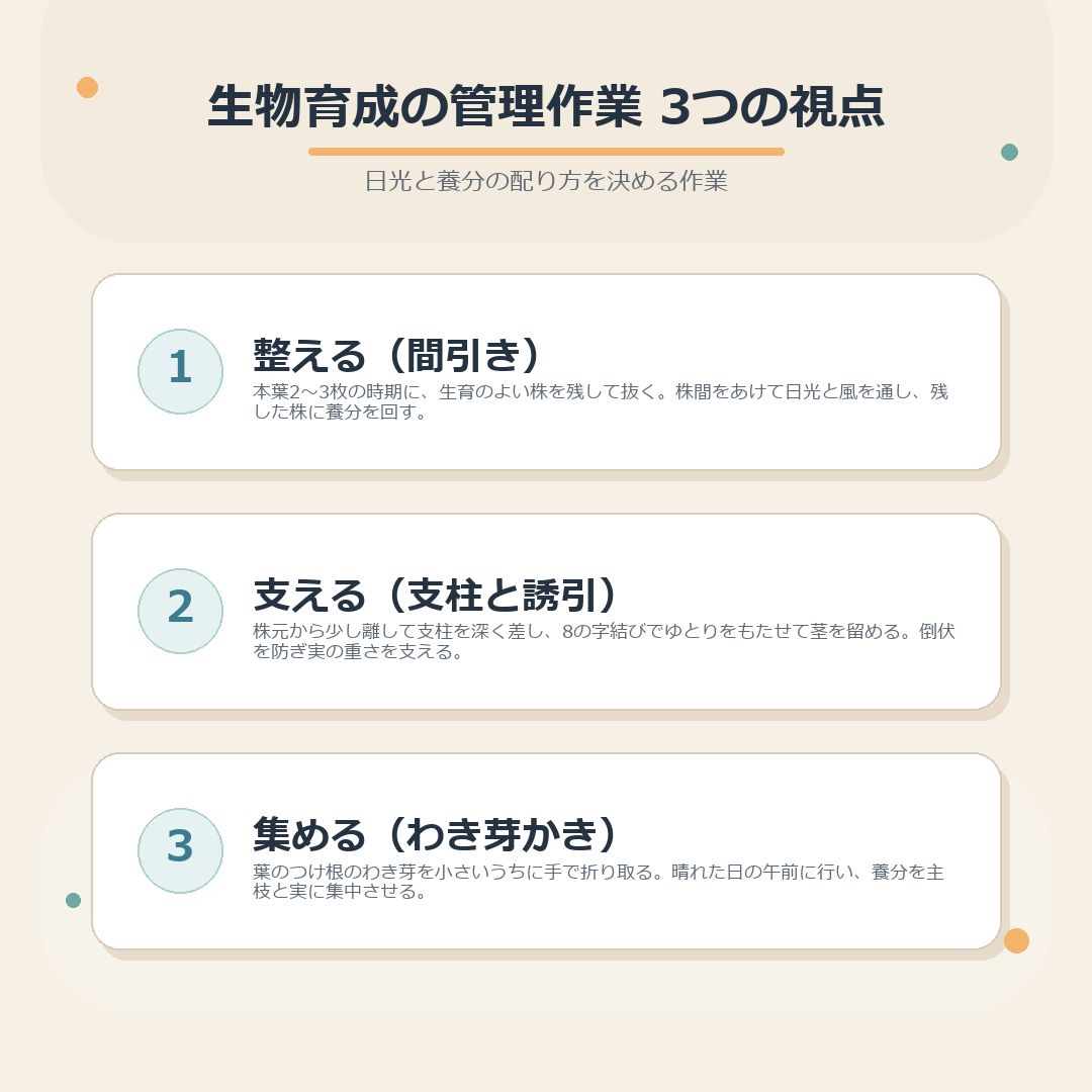 生物育成の管理作業を整える・支える・集めるの3つの視点でまとめた図