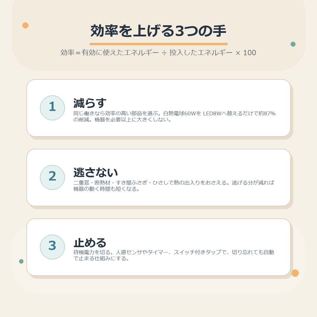 減らす・逃さない・止めるの3つの省エネ設計をまとめた図