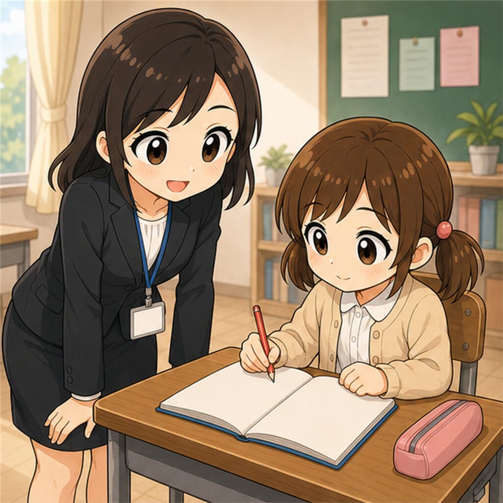 別々の場所で落ち着いて話を聞く担任の様子