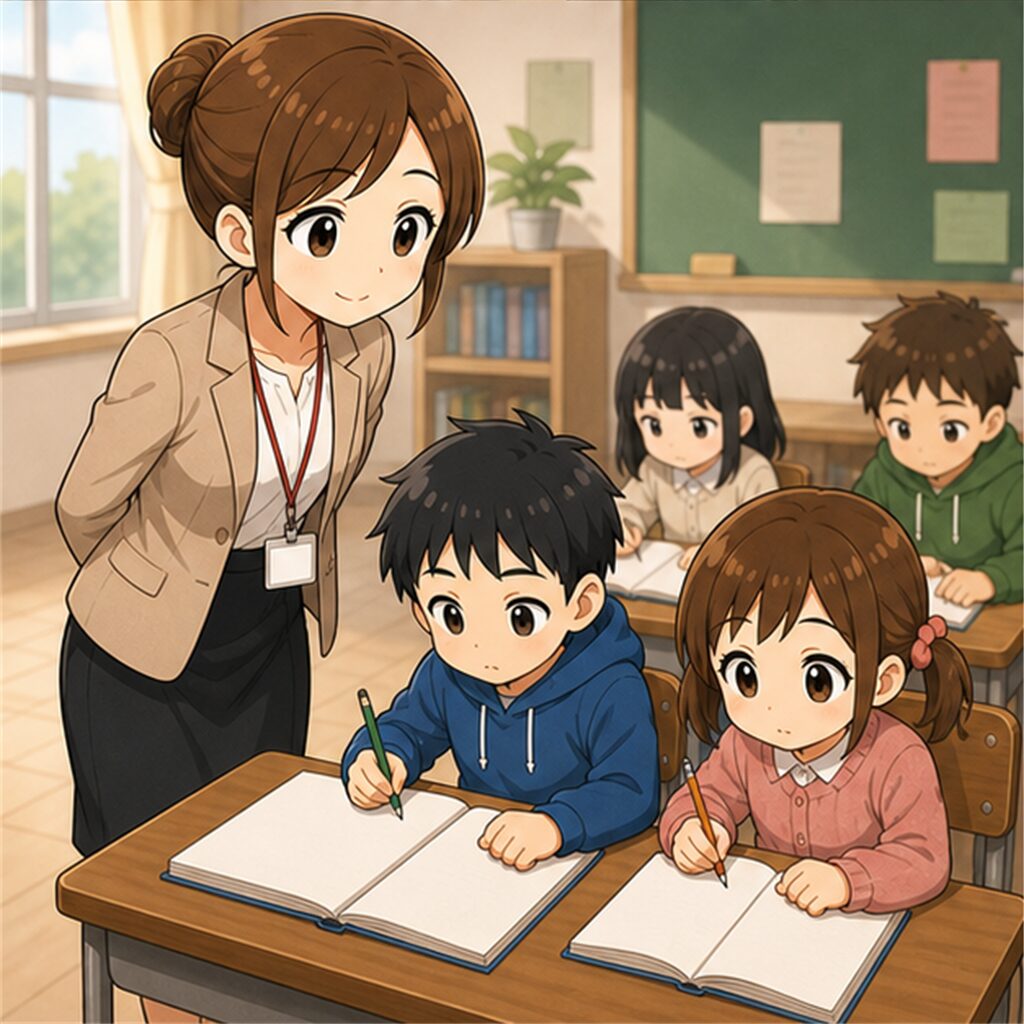 先生が机の間を回りながら一人ずつ声をかけている場面