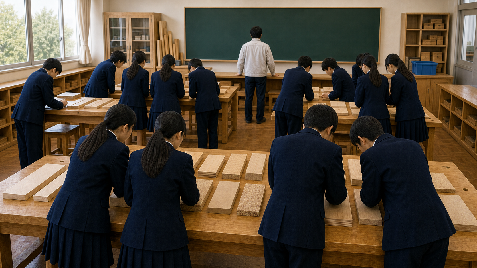 実習室の机に木材のサンプルを並べて、材料を観察している授業の場面