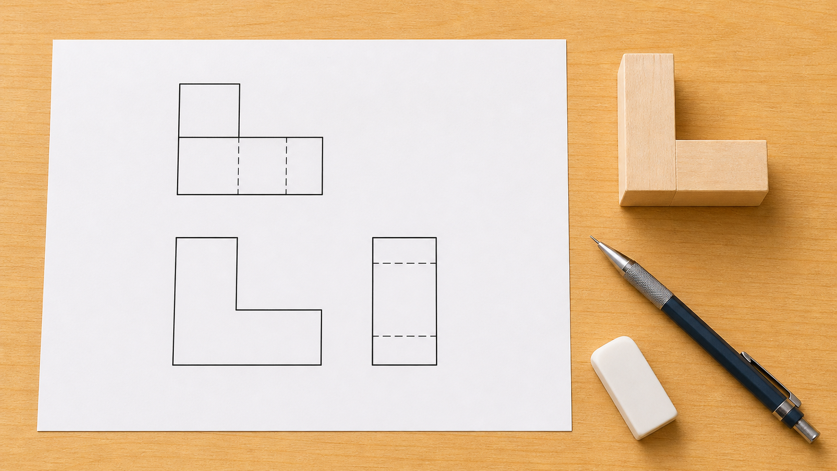立体模型と、その形をかき表した図面を並べて見比べている場面