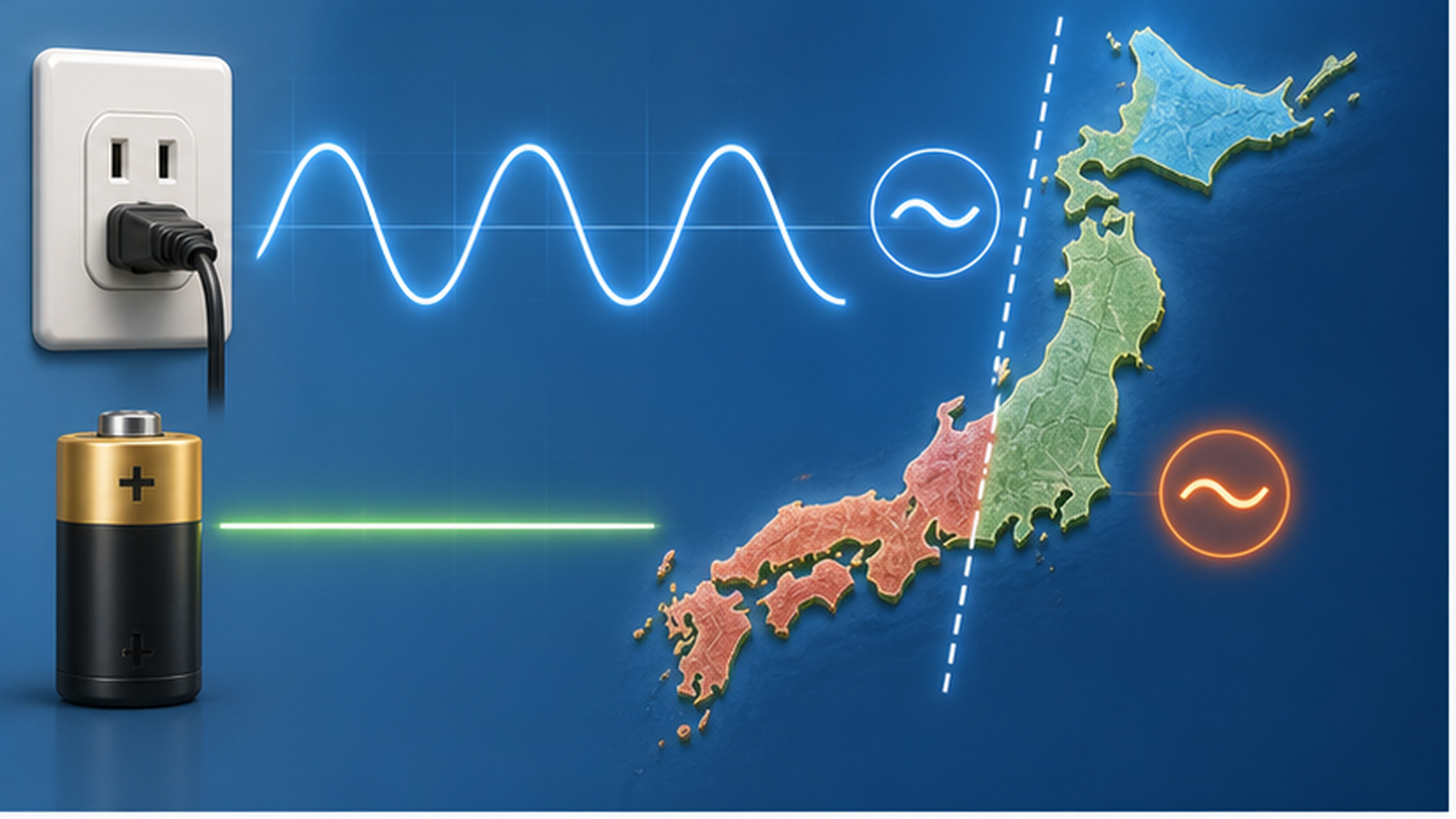 コンセントから出る波の形の電気と、乾電池から出るまっすぐな電気を並べて比べている図