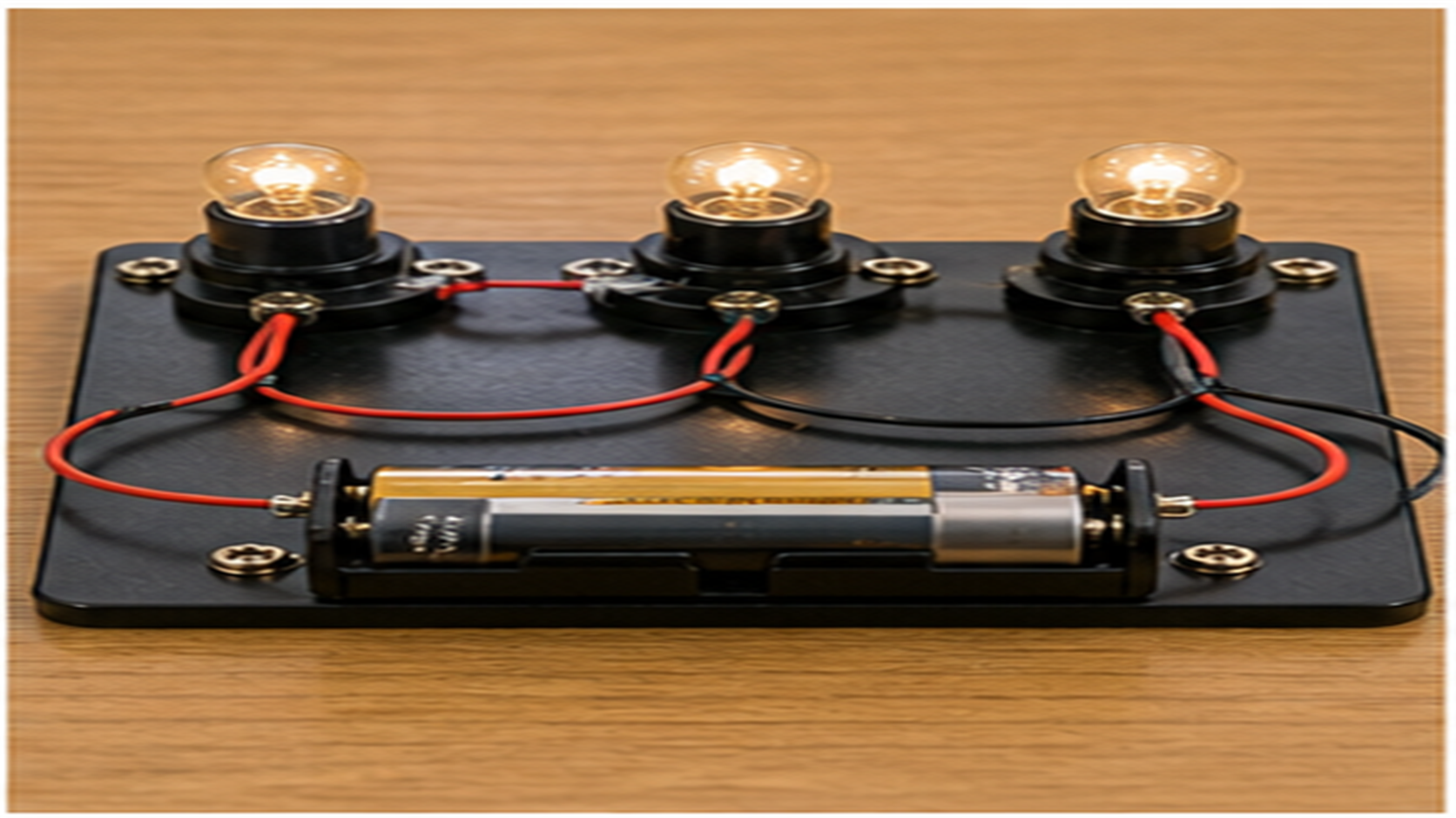1つの電池と3つの豆電球が一列につながれた直列回路の実習ボード