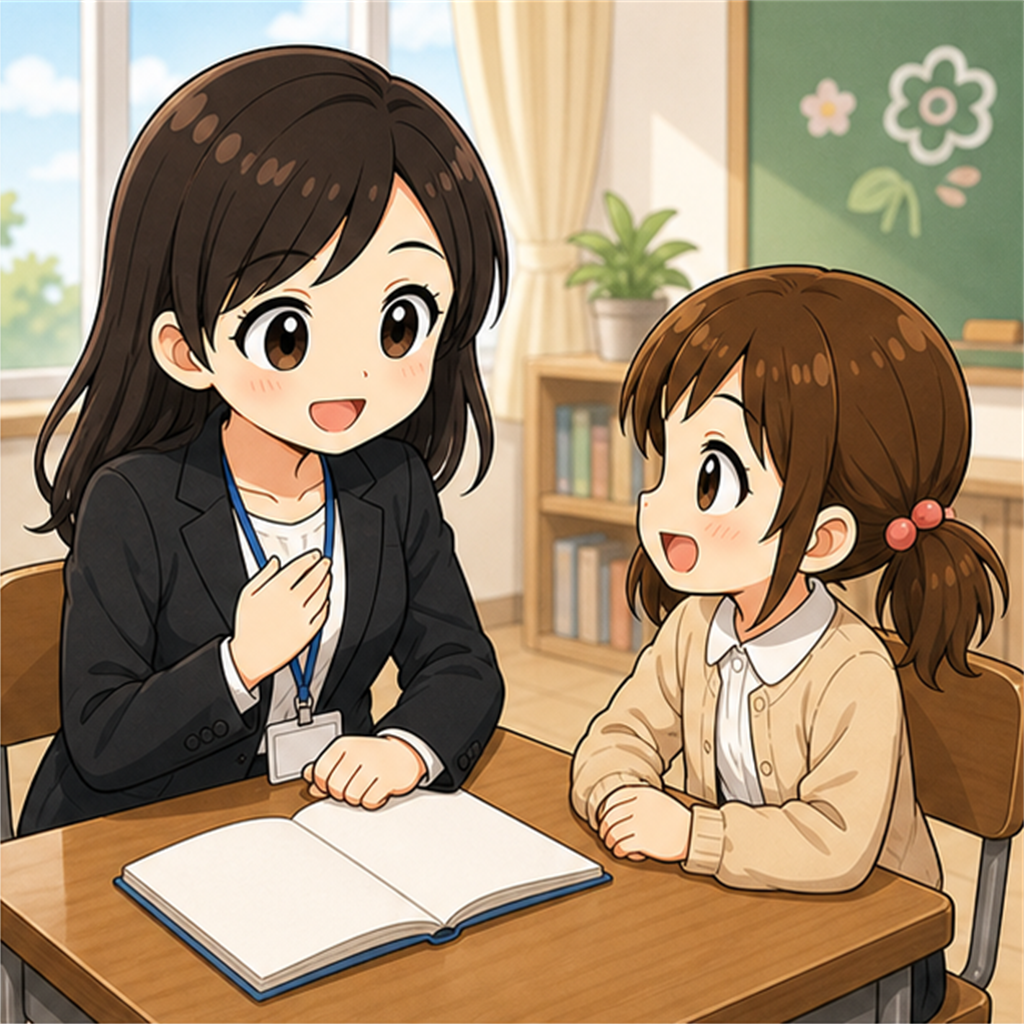先生と生徒がひとりずつ向き合って話している場面