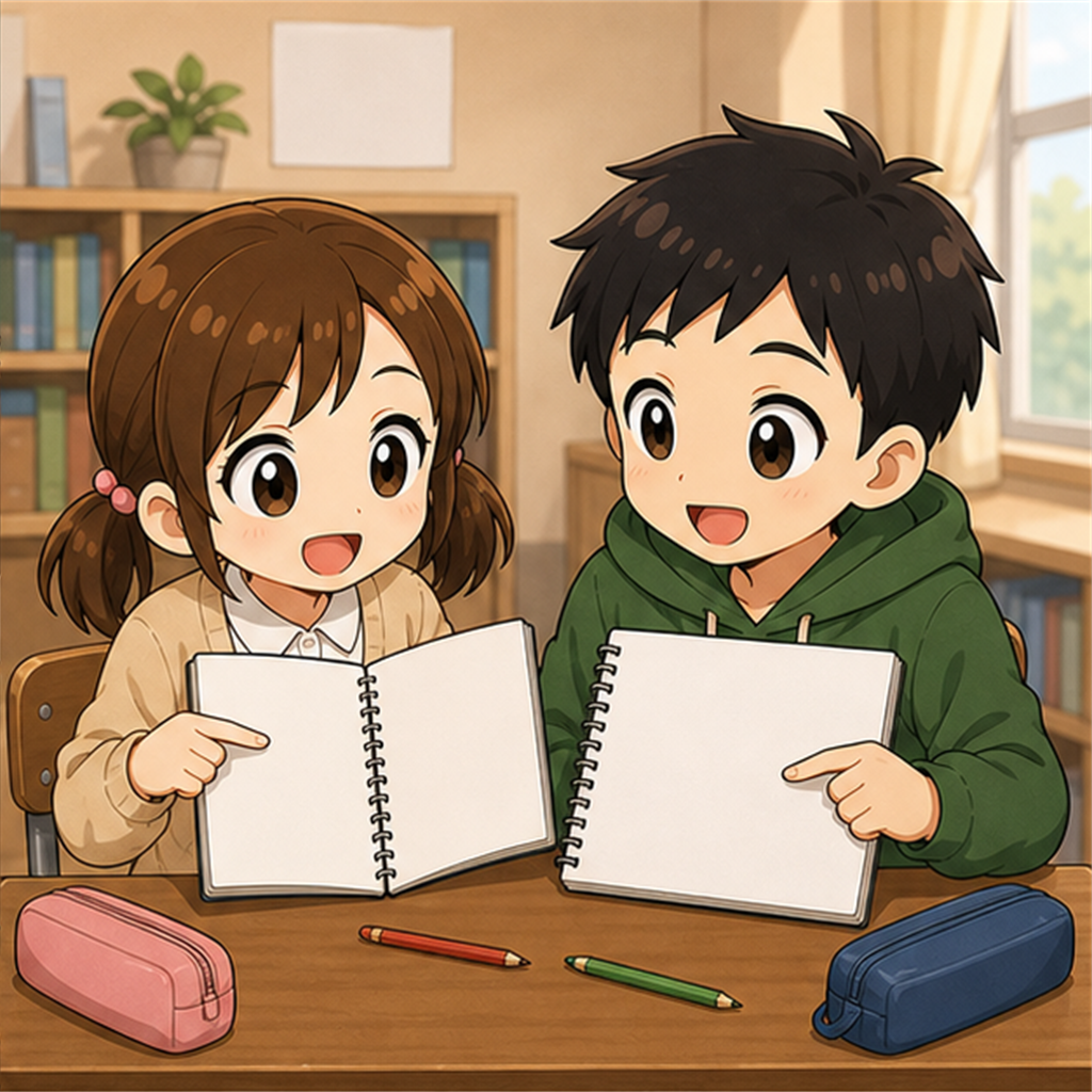 学級会の前にとなりの席の生徒と考えを読み合う場面