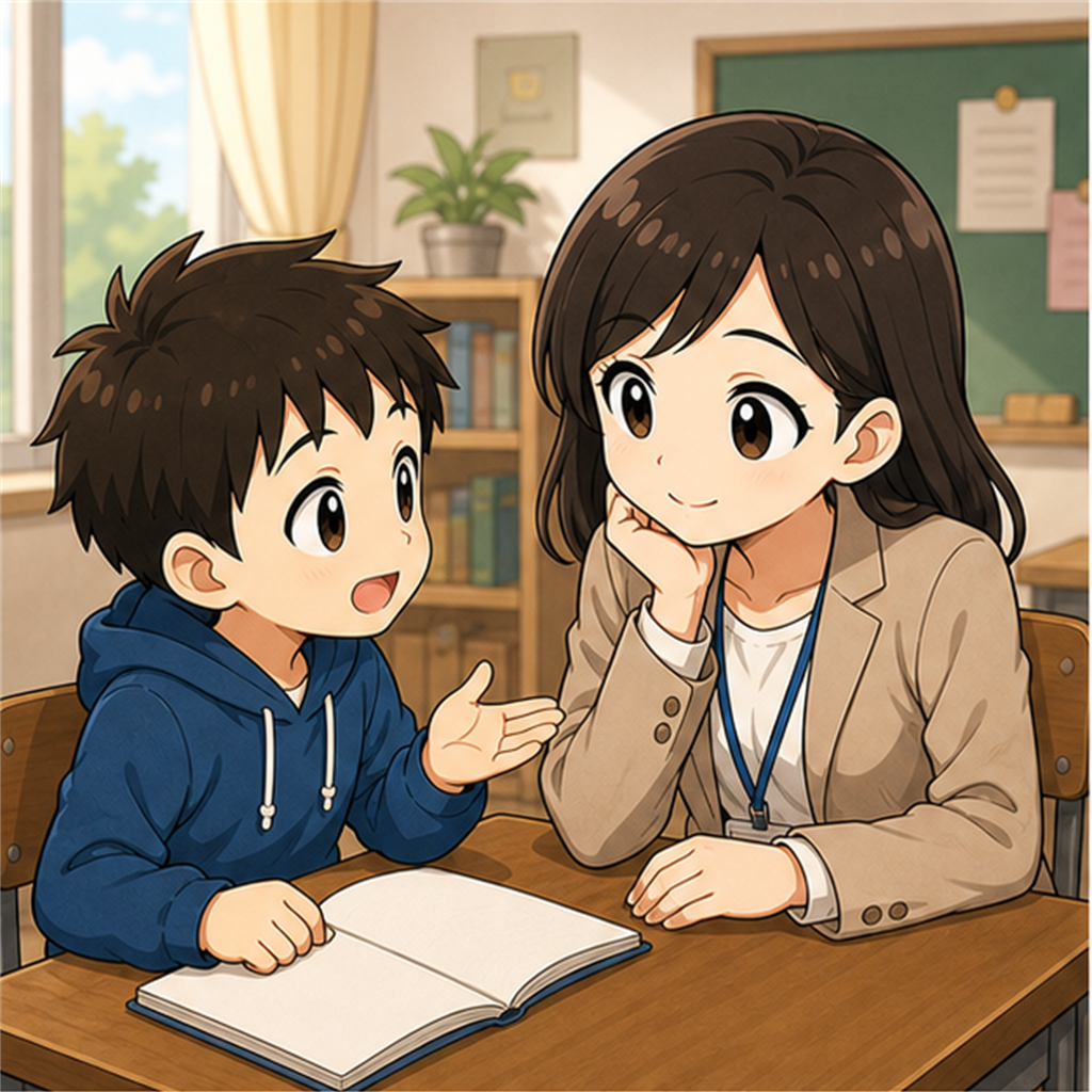 二人だけの場所で生徒と短く話す先生