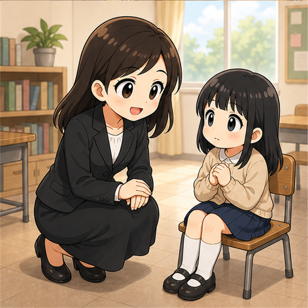 先生が子どもに寄り添って言葉を返す場面