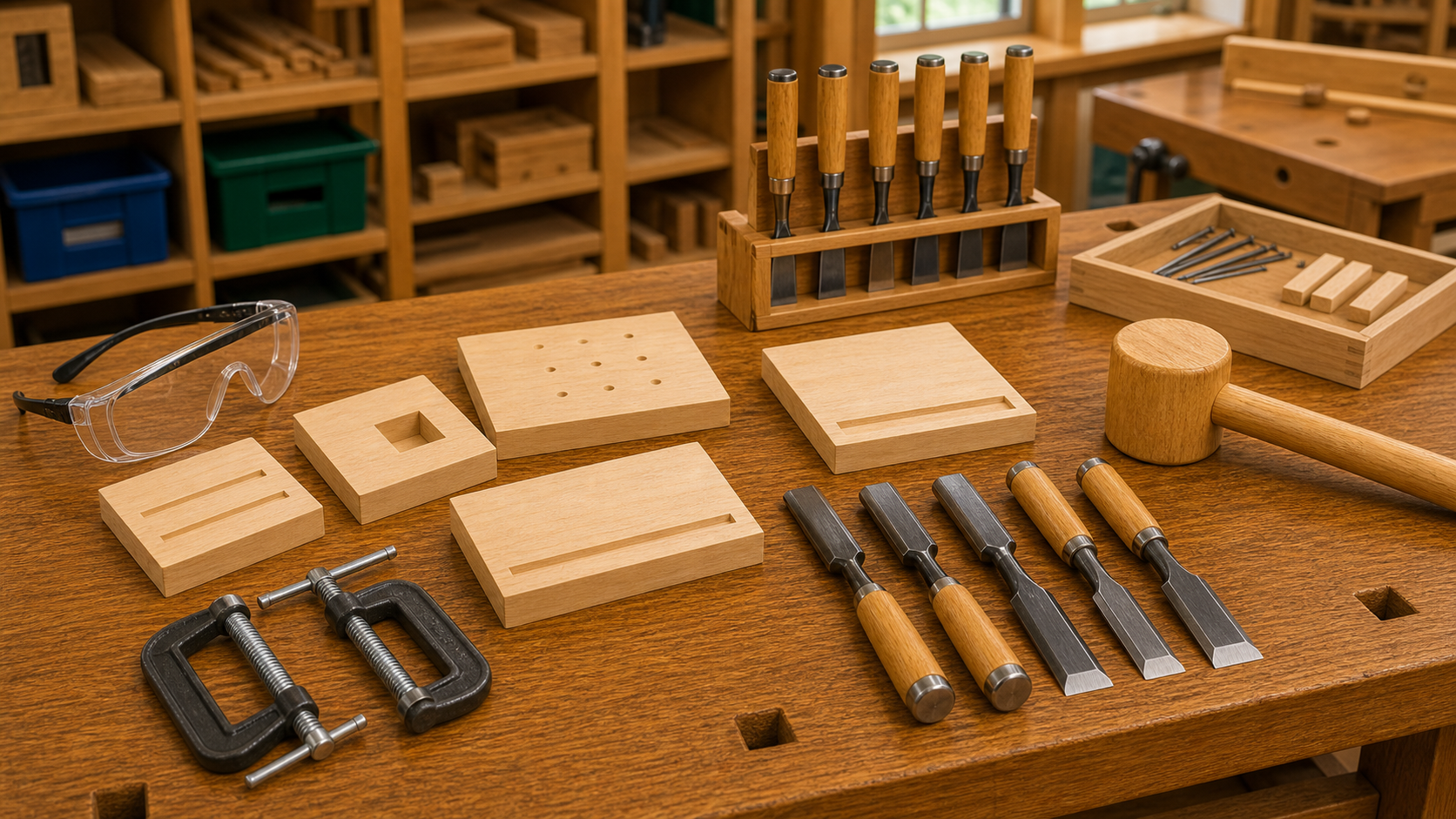 材料を作業台に固定し、けがきを終えて道具をそろえた実習前の準備の場面の図