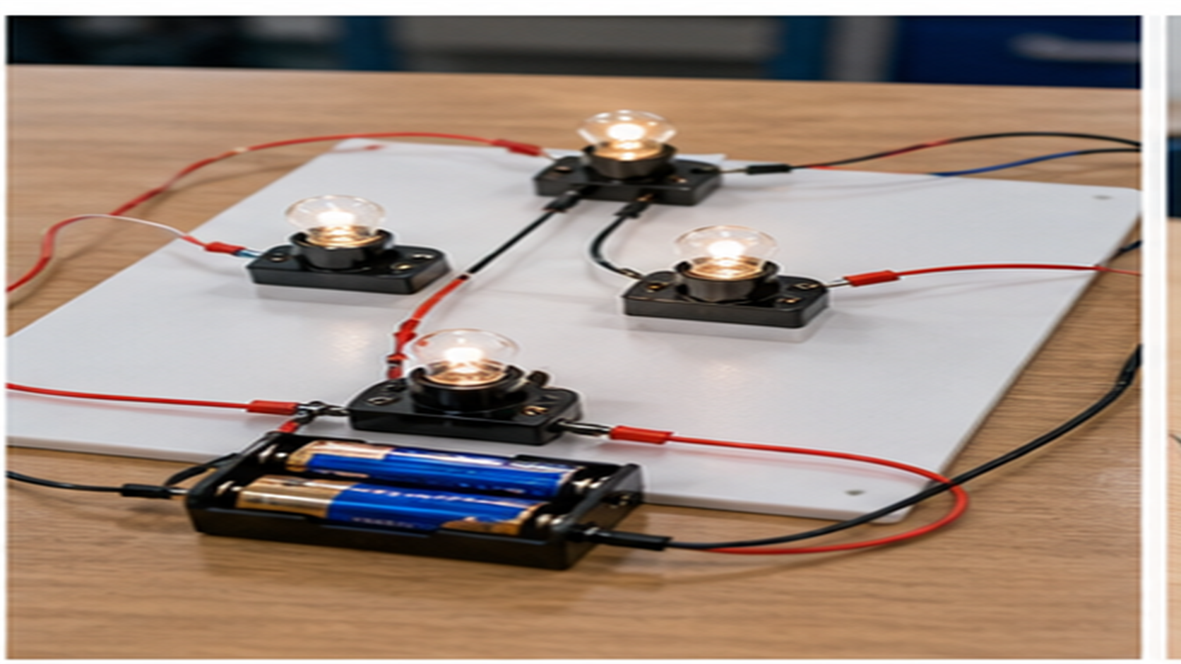 1つの電池ボックスから導線が枝分かれし、4つの豆電球がそれぞれ点灯している並列回路