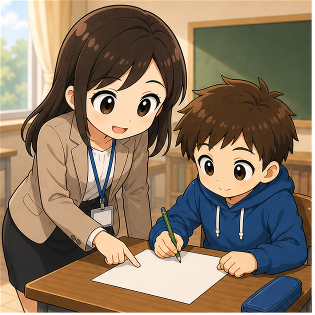やり直しの一枚を先生と一緒に進める生徒