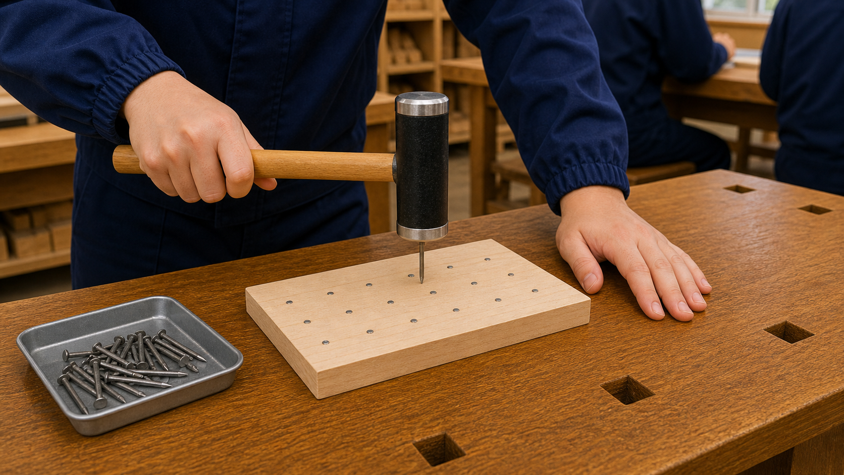 端材を使って釘打ちの練習をしている木工の作業風景