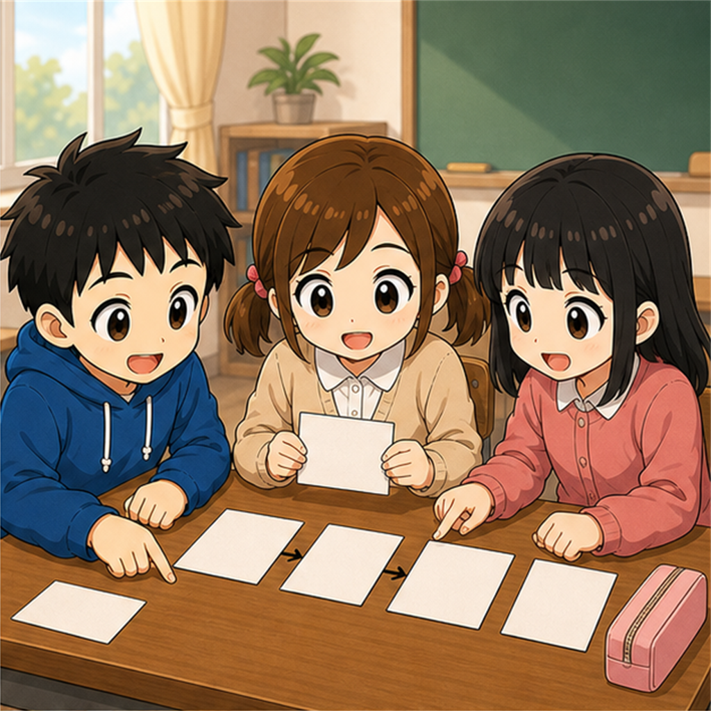 学級会で出た意見のカードを並べて整理する生徒たち