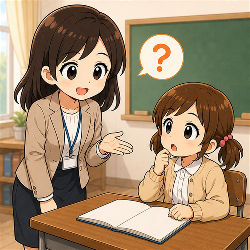 返却されたテストを前に生徒へ声をかける先生