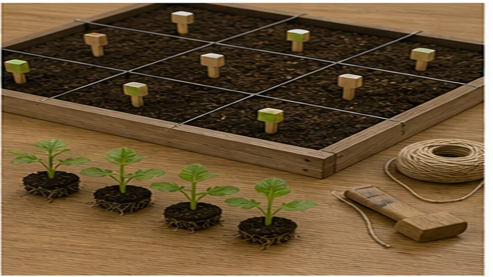 畝ひもで株間をとりながら苗の植え付けを準備している場面