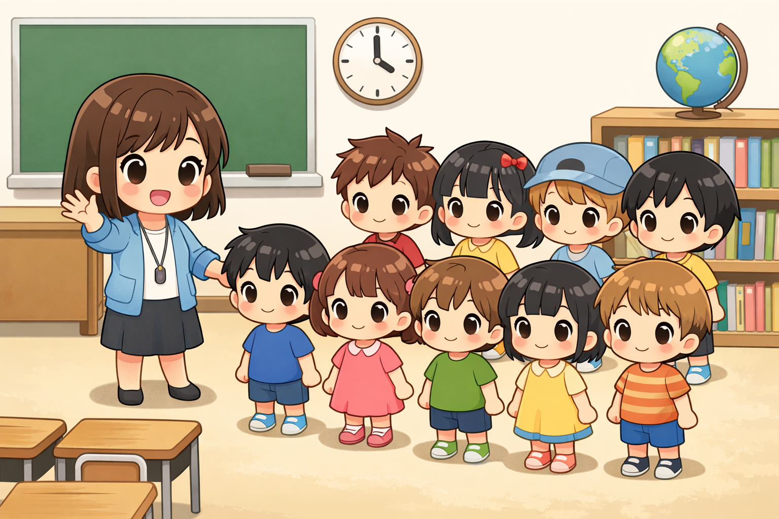 朝の会で生徒の返事を受け止める先生