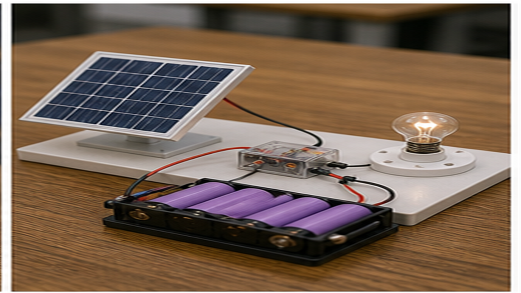 太陽電池と蓄電池をつないで電球を点灯させる実験装置