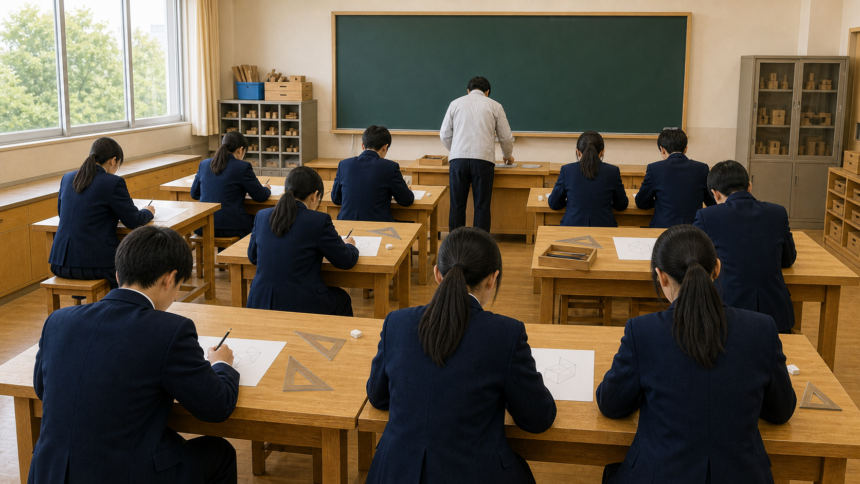 技術室で、寸法をそろえて並べながら図面をかいている作図実習の場面